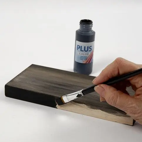 Een hand schildert de zijkant van de houten plank zwart met een kwast. Op de achtergrond staat een flesje zwarte acrylverf van het merk 'Plus Color'.
