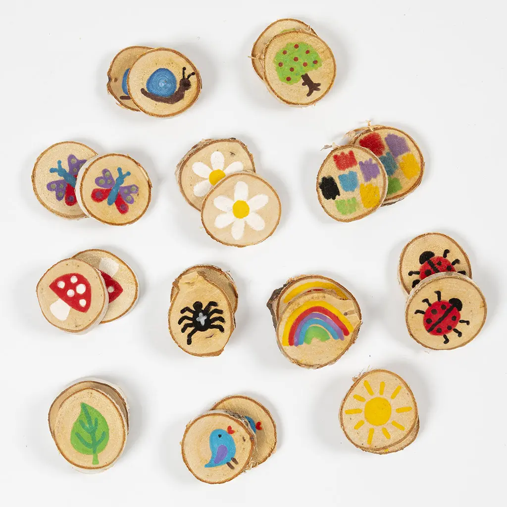 Een verzameling van verschillende handbeschilderde boomschijfjes, verspreid over een witte achtergrond. De kleurrijke ontwerpen tonen onder andere een slak, vlinders, madeliefjes, een paddenstoel, een spin, een regenboog, lieveheersbeestjes en een zon.