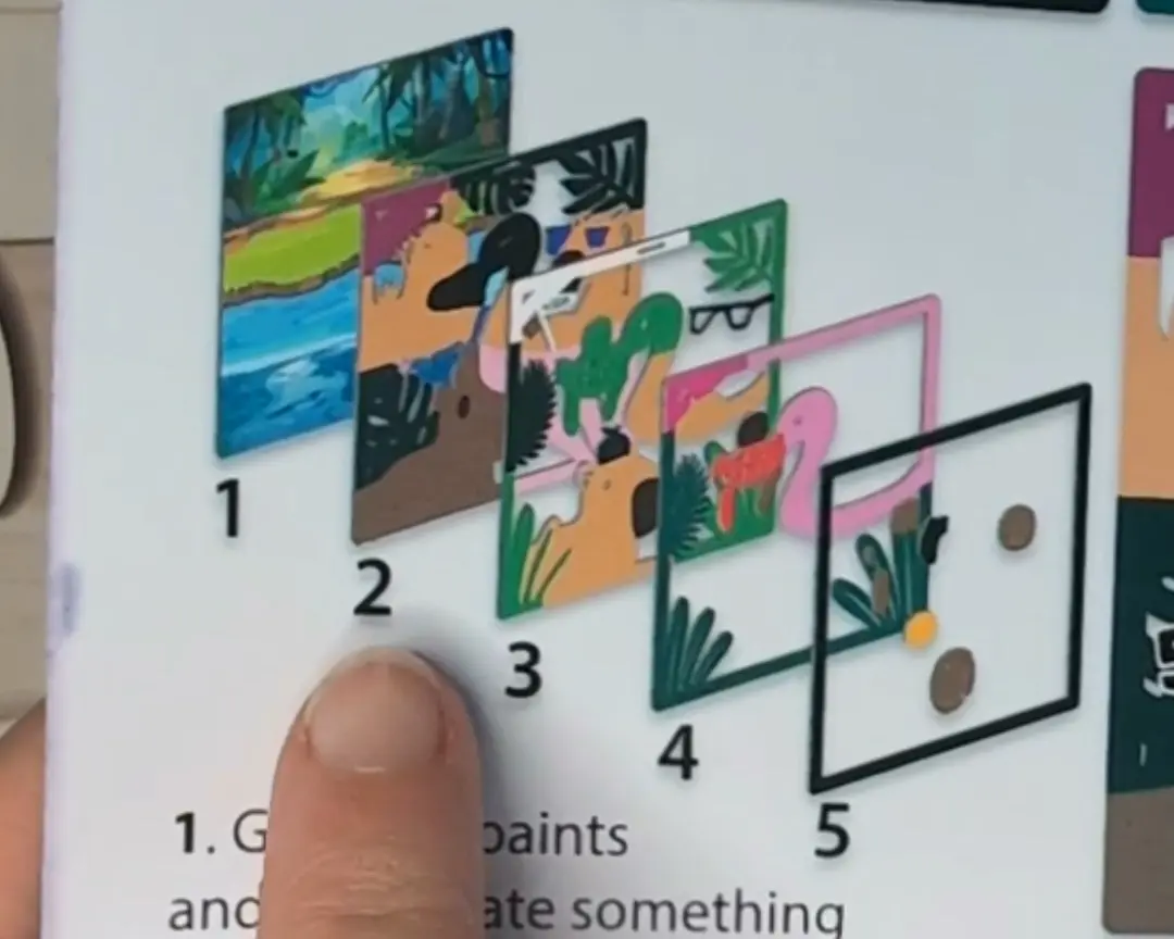 Instructiekaart met vijf genummerde illustraties die de opbouw van het gelaagde houten kunstwerk stap voor stap tonen, van achtergrond tot voorgrond.