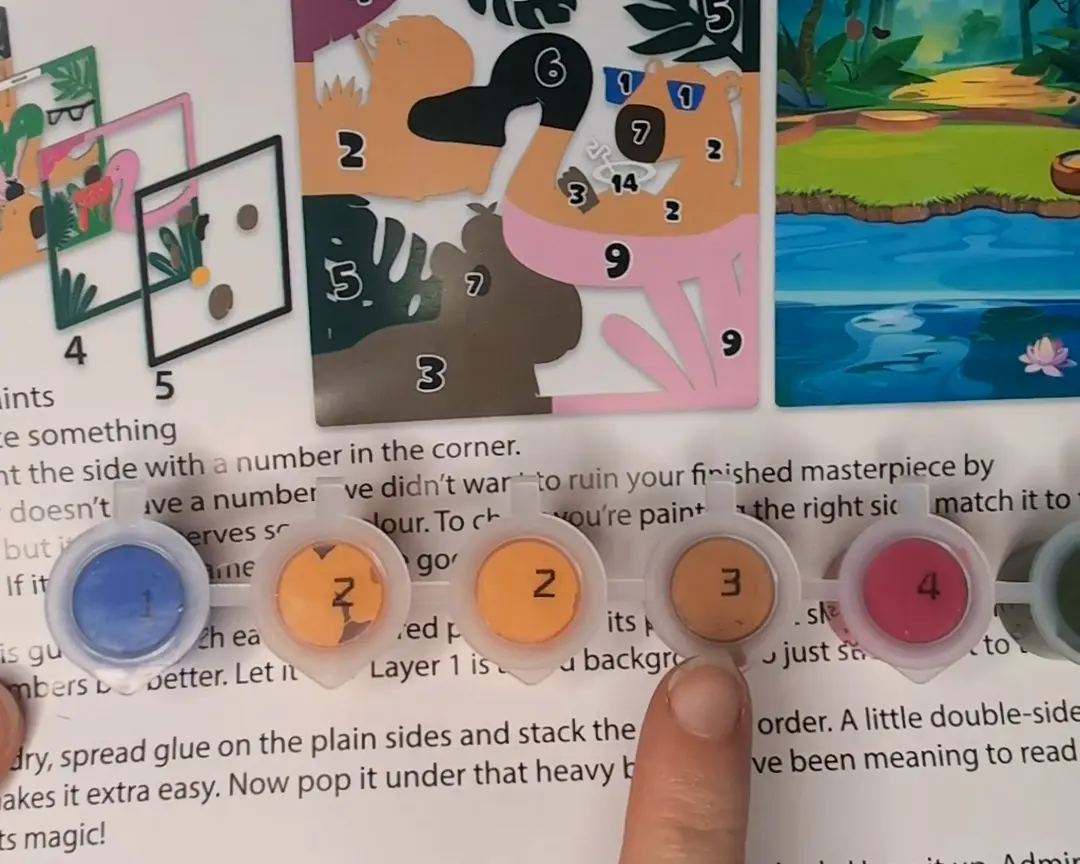 Detailopname van de instructiekaart met genummerde verfpotjes in blauw, oranje, lichtoranje, huidskleur en rood, naast een ingekleurde schematische tekening van de capybara-scène.