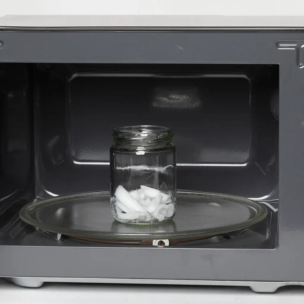 1 glazen potten met de stukjes zeep in de magnetron
