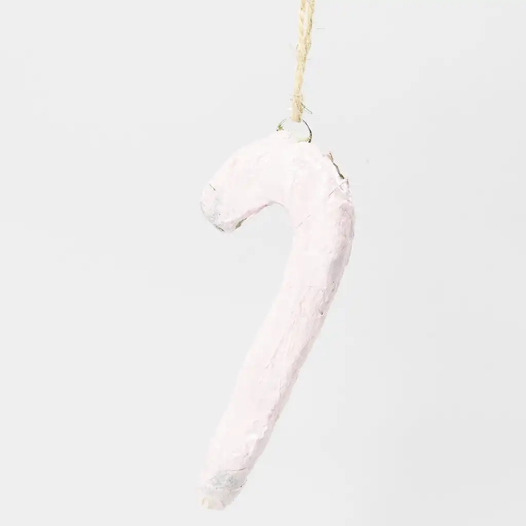 De roze geschilderde zuurstok hangt verticaal aan het jute touwtje op een witte achtergrond.