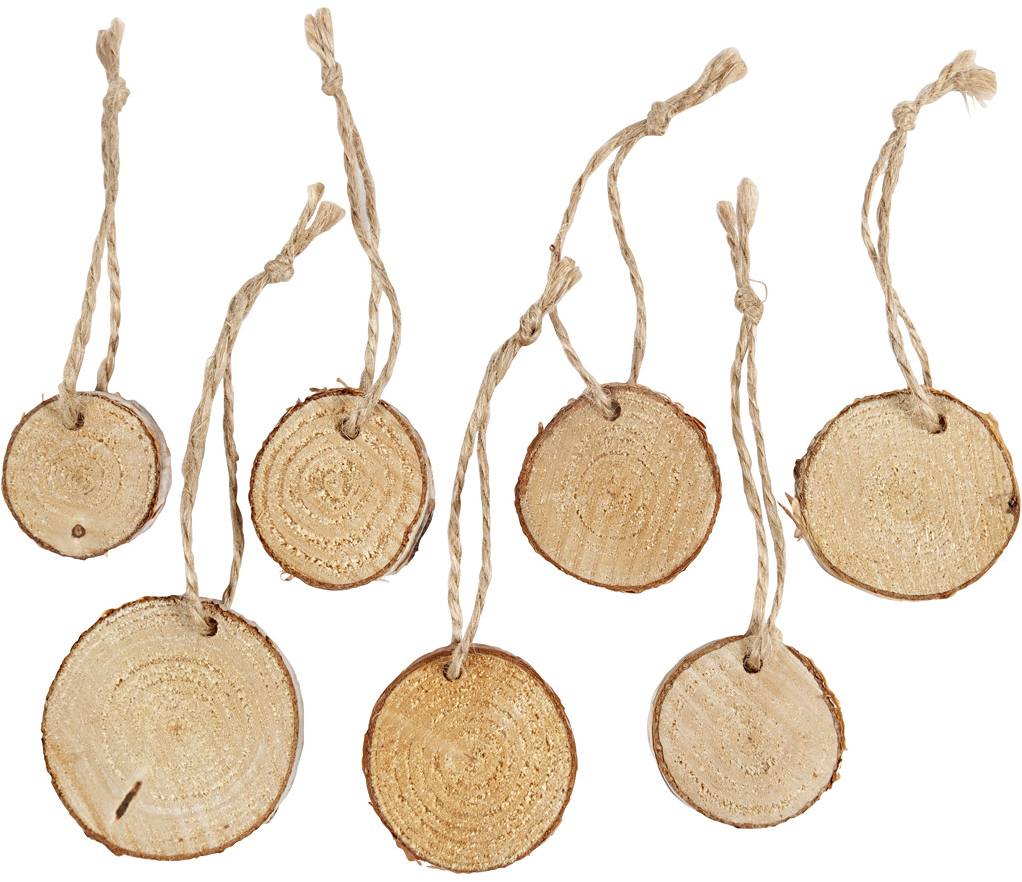 Rustic Wooden Discs with Hanging Cord: 35-45mm - 7pc Rustic Wooden Discs with Hanging Cord: 35-45mm - 7pc