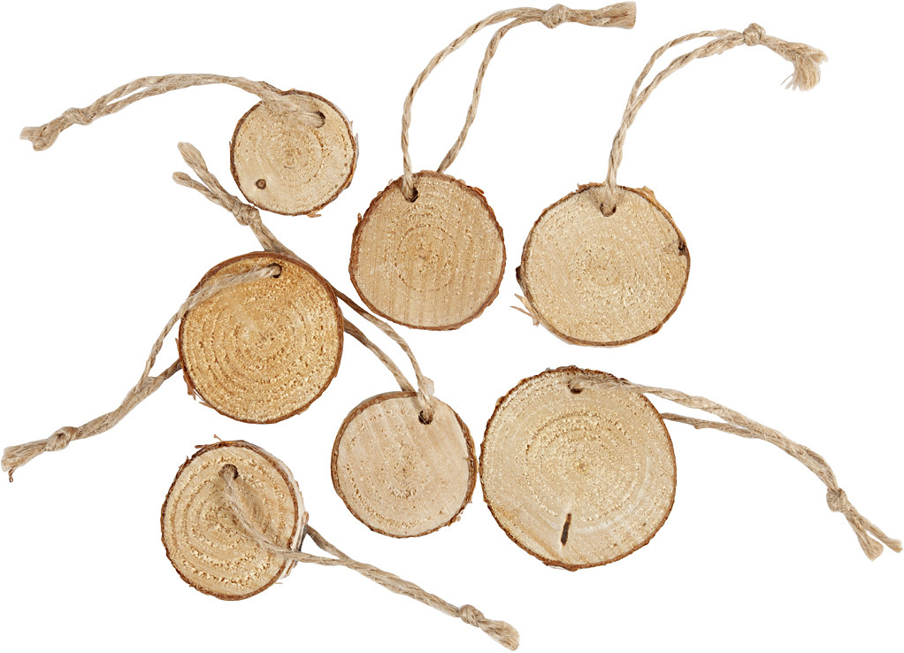 Rustic Wooden Discs with Hanging Cord: 35-45mm - 7pc Rustic Wooden Discs with Hanging Cord: 35-45mm - 7pc