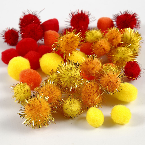 CC Pompons Rood Gele Harmonie 15-20mm 48 stuks