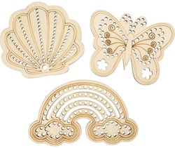 CC Houten Vorm met Gaten Regenboog, Schelp en Vlinder 7,5 x 13 cm 6 stuks