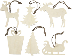 CC Houten Kerst Ornamenten 6 stuks
