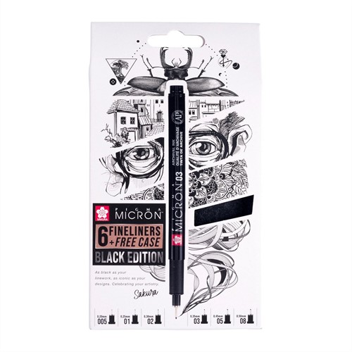 Sakura Pigma Micron Black Edition Set 6 pieces + Free Pouch