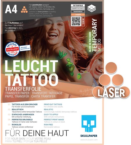 Skullpaper Tattoo Foil Laser A4 4 Sheets Glow in the Dark