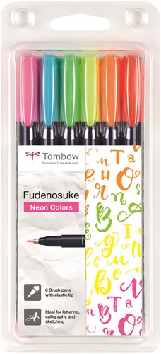 Tombow Fudenosuke Brush Pen Set 6 pieces Neon